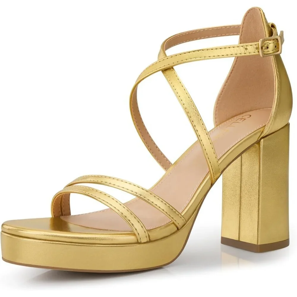 Women's Gold Sandal Stylish Comfortable Nude Chunky Blocked Strappy Heel Shoe